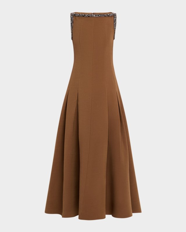 Wool-Silk Embellished Boat-Neck Maxi Dress